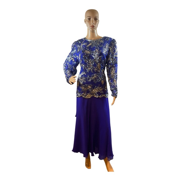 Women’s Blue Vintage Blue Sequins Oleg Cassini 90s Silk Hanker chief Hem Size 12